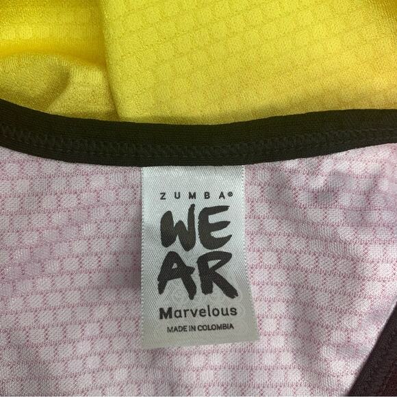 Zumba Graphic Top Racer Back Elastic Hem Pink Orange Yellow Hombre Print Size S - Picture 10 of 11